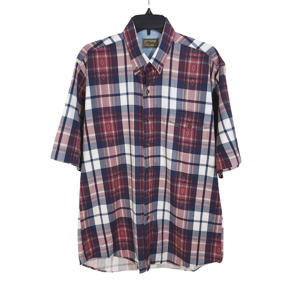 Roper Western Button Down Shirt Mens Large 16.5 Plaid Cotton Short Sleeve